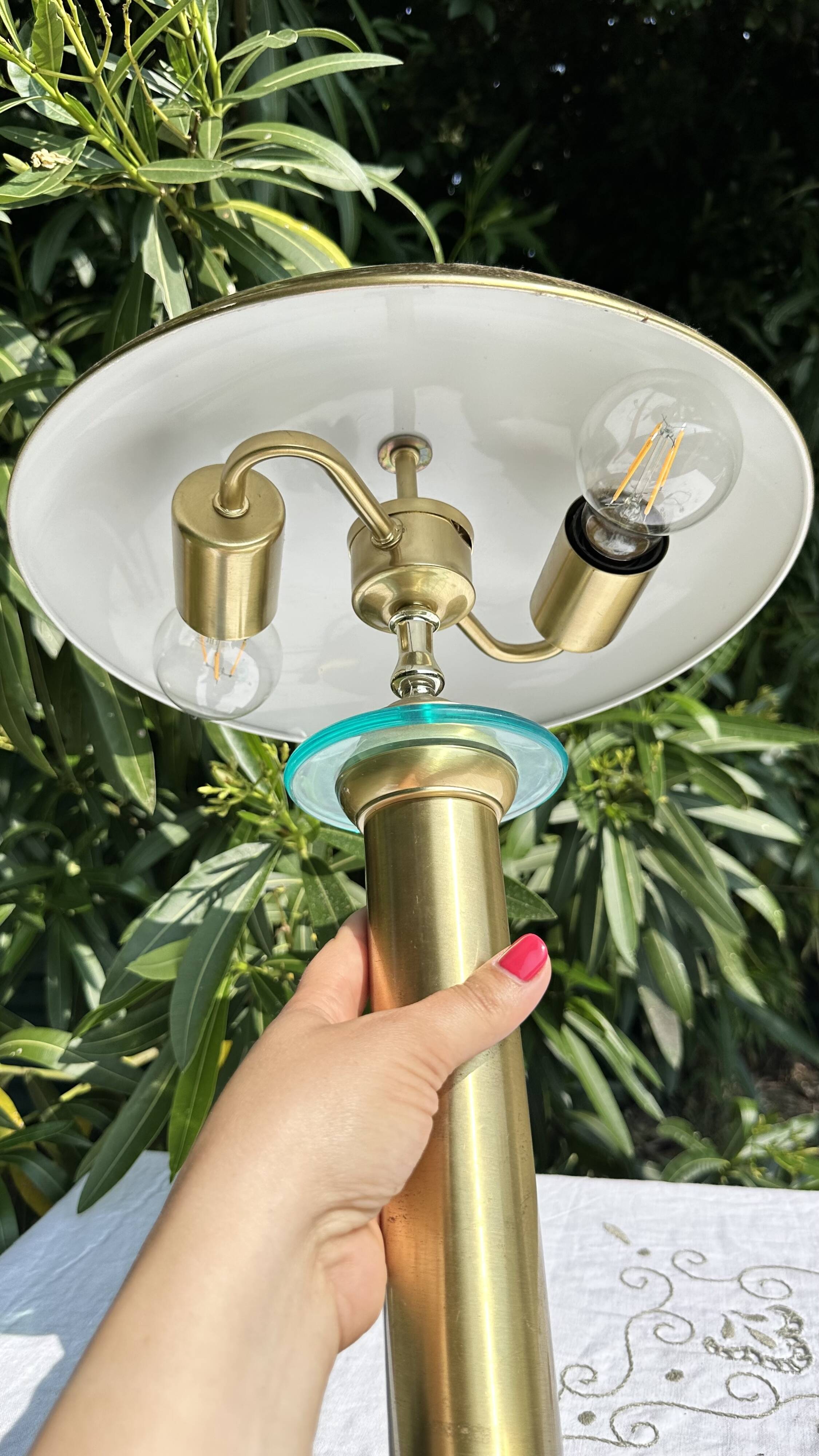 70s Large Vintage Mushroom Lamp - Glass & Gold Metal