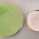 Coffee cup and under cup in green Salins earthenware and vintage gold net