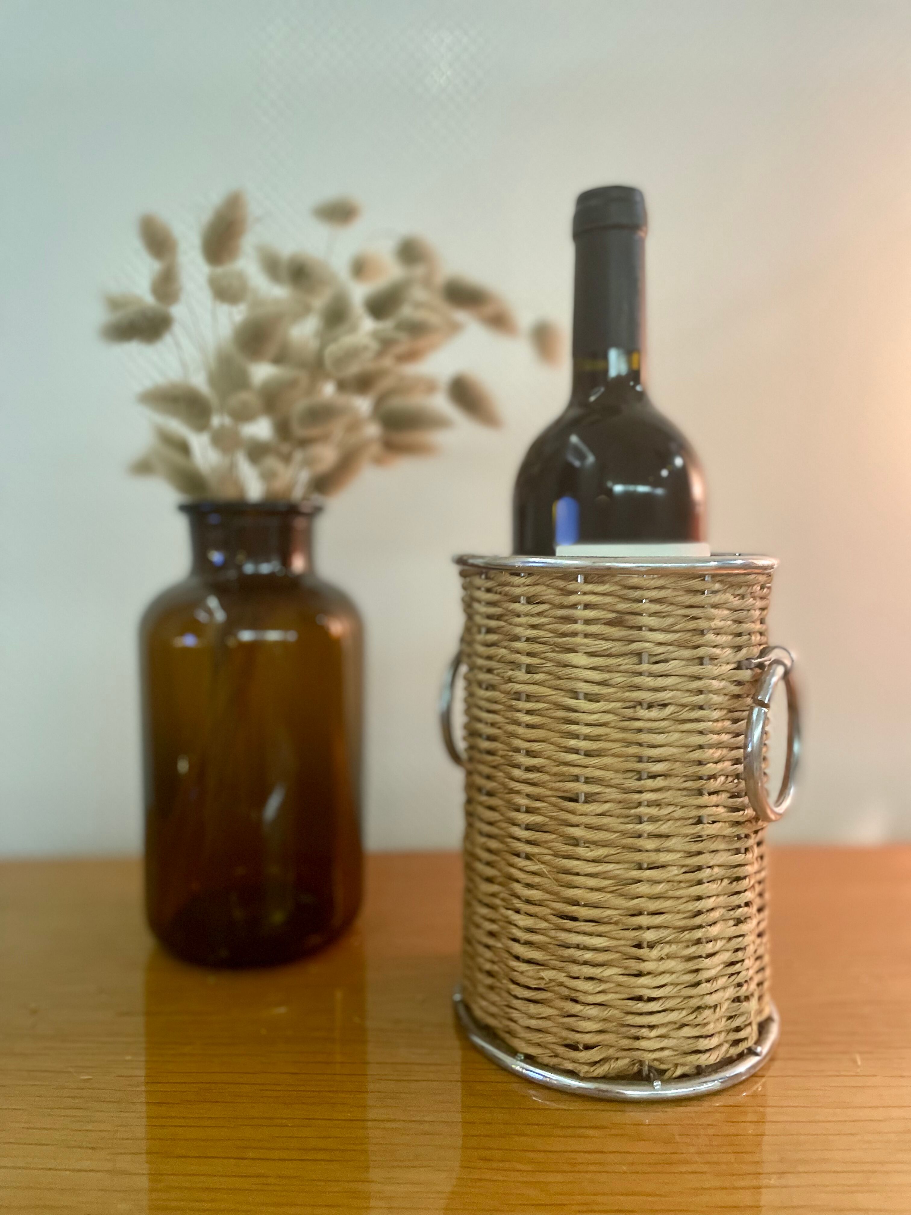 Range bottle in rattan and vintage metal