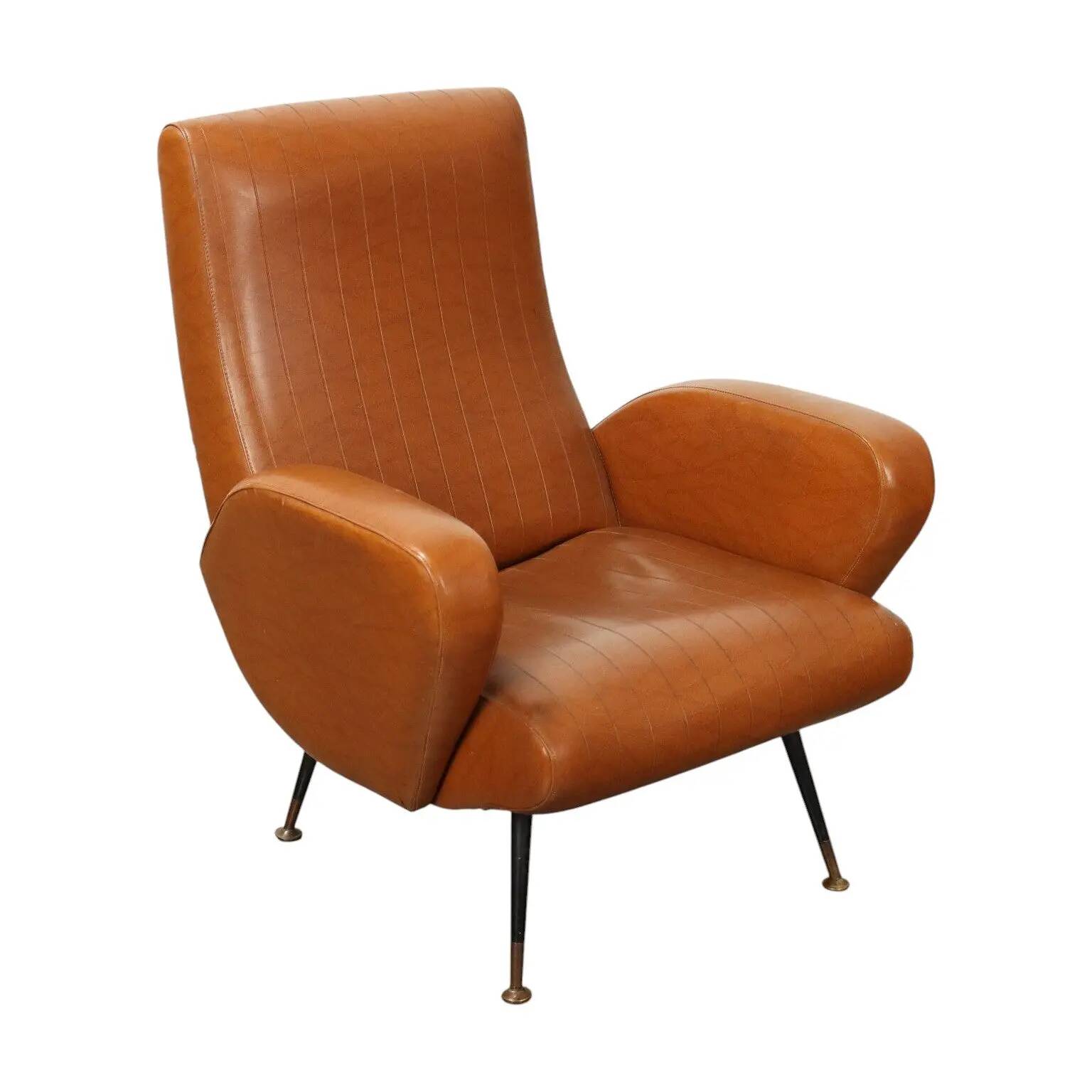 Small vintage armchair in faux leather, metal and brass, 1950s-1960s design.