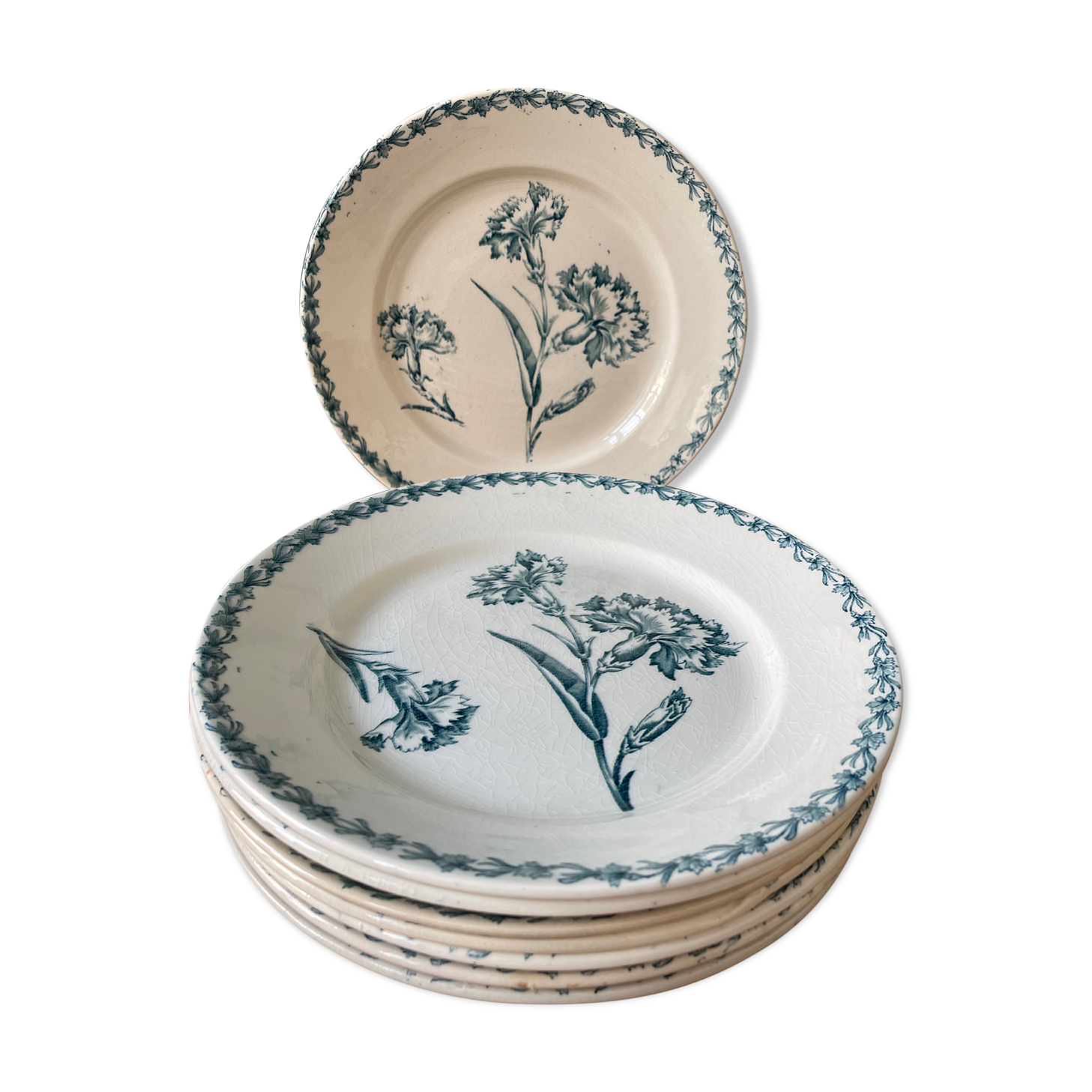 Set of 8 plates Terre de Fer 1900 K.G Lunéville, model "Carnation"