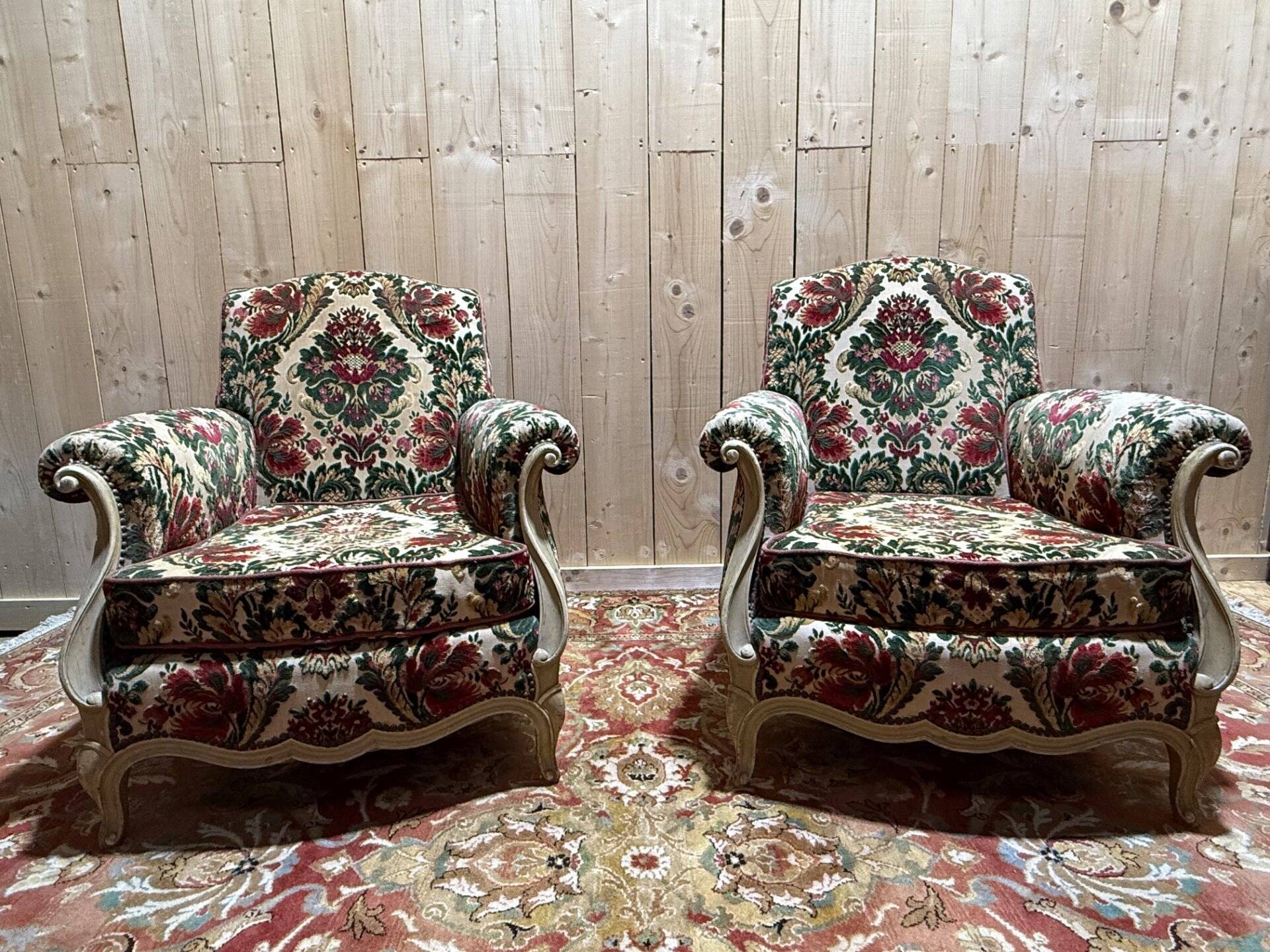 Pair of Louis XV style velvet bergère armchairs