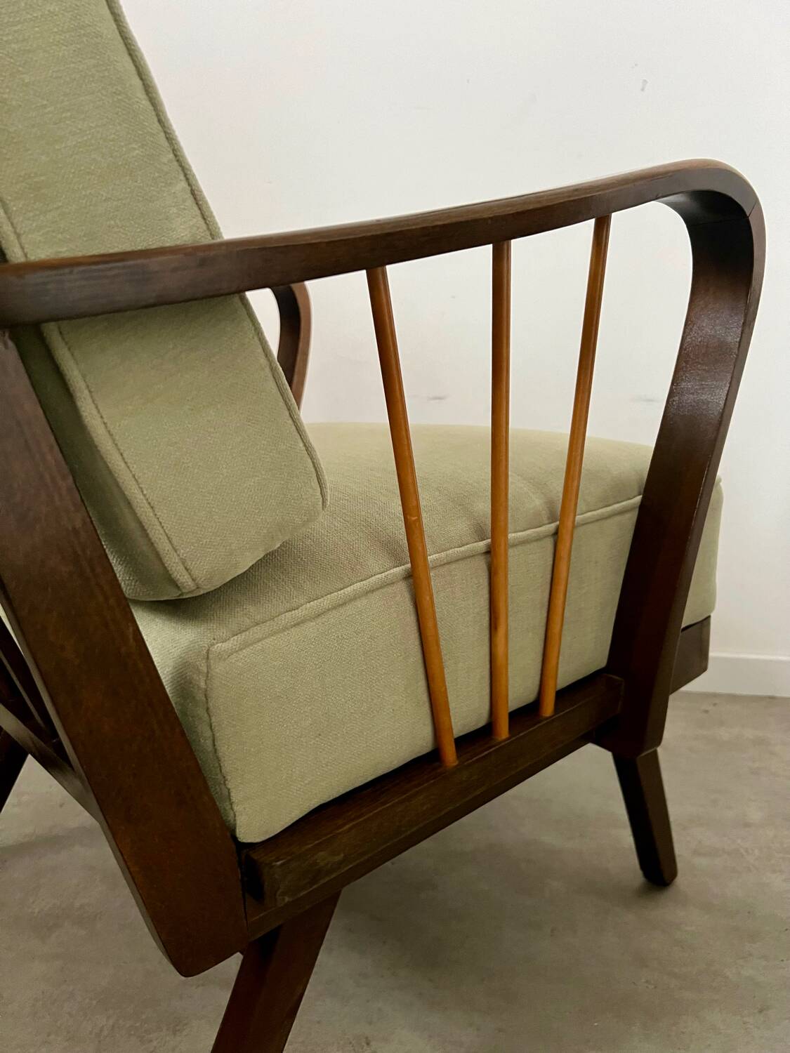 Set 2 old designer fireside chairs from the 50s wood and vintage fabric