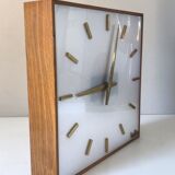 Large electric office clock vintage brass and wood Annees 60