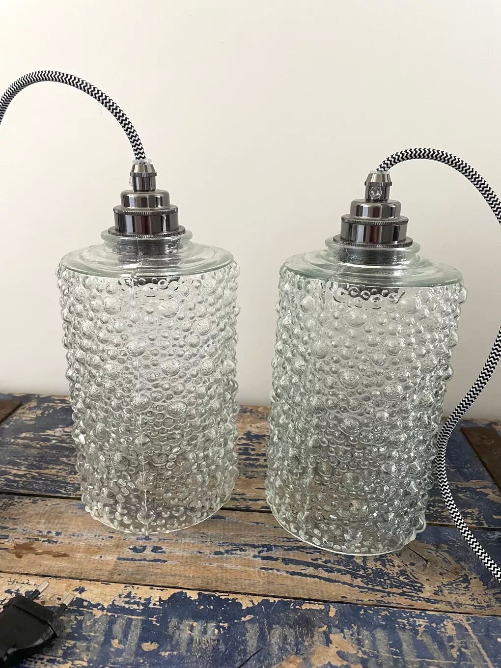Set of two new vintage electrified bubble glass walking lamps