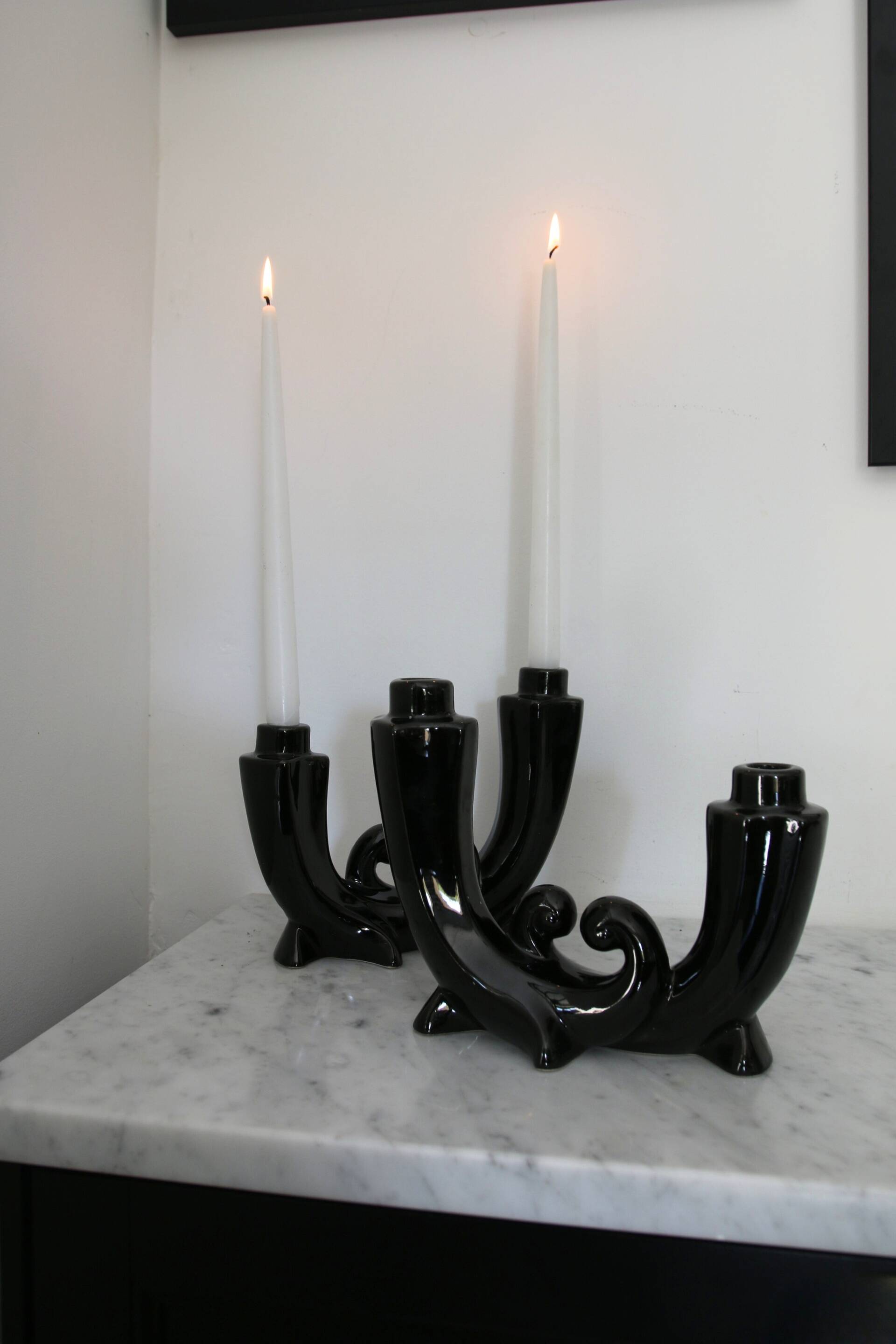Pair of Art Deco candle holders in black ceramic