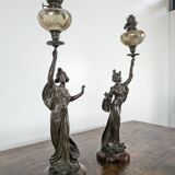 Pair of Art Nouveau oil lamps in cast iron