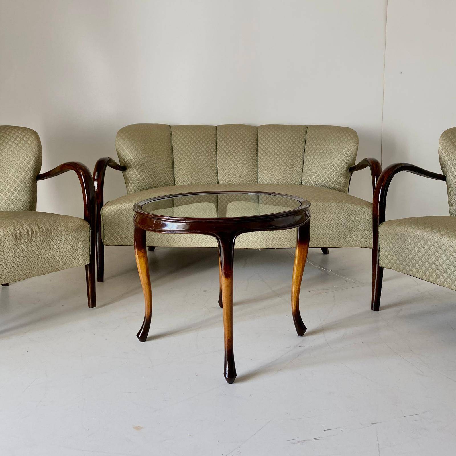 1930s French Art Deco Coffee Table, Beech Wood & Glass, Curved Design