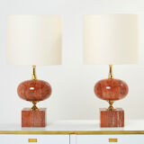Pair of lamps in red travertine and brass 1970
