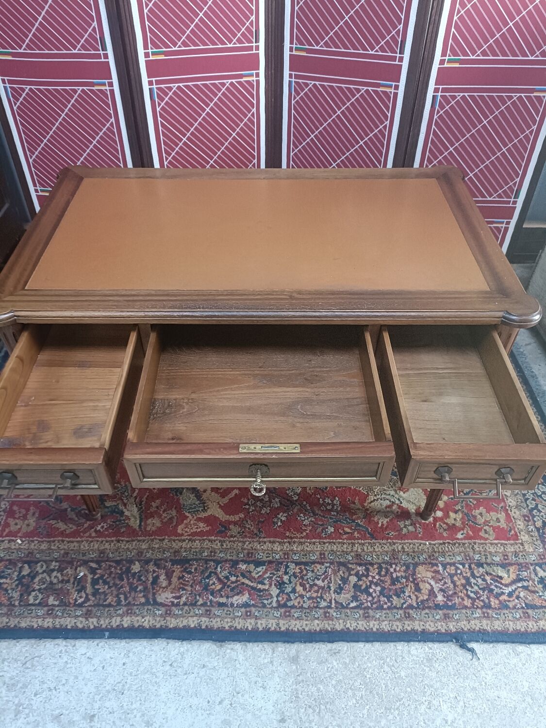 Louis XVI style desk, leather top, 3 drawers and writing tablets