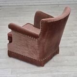 1970s, Danish armchair, salmon pink furniture velour, beech wood.
