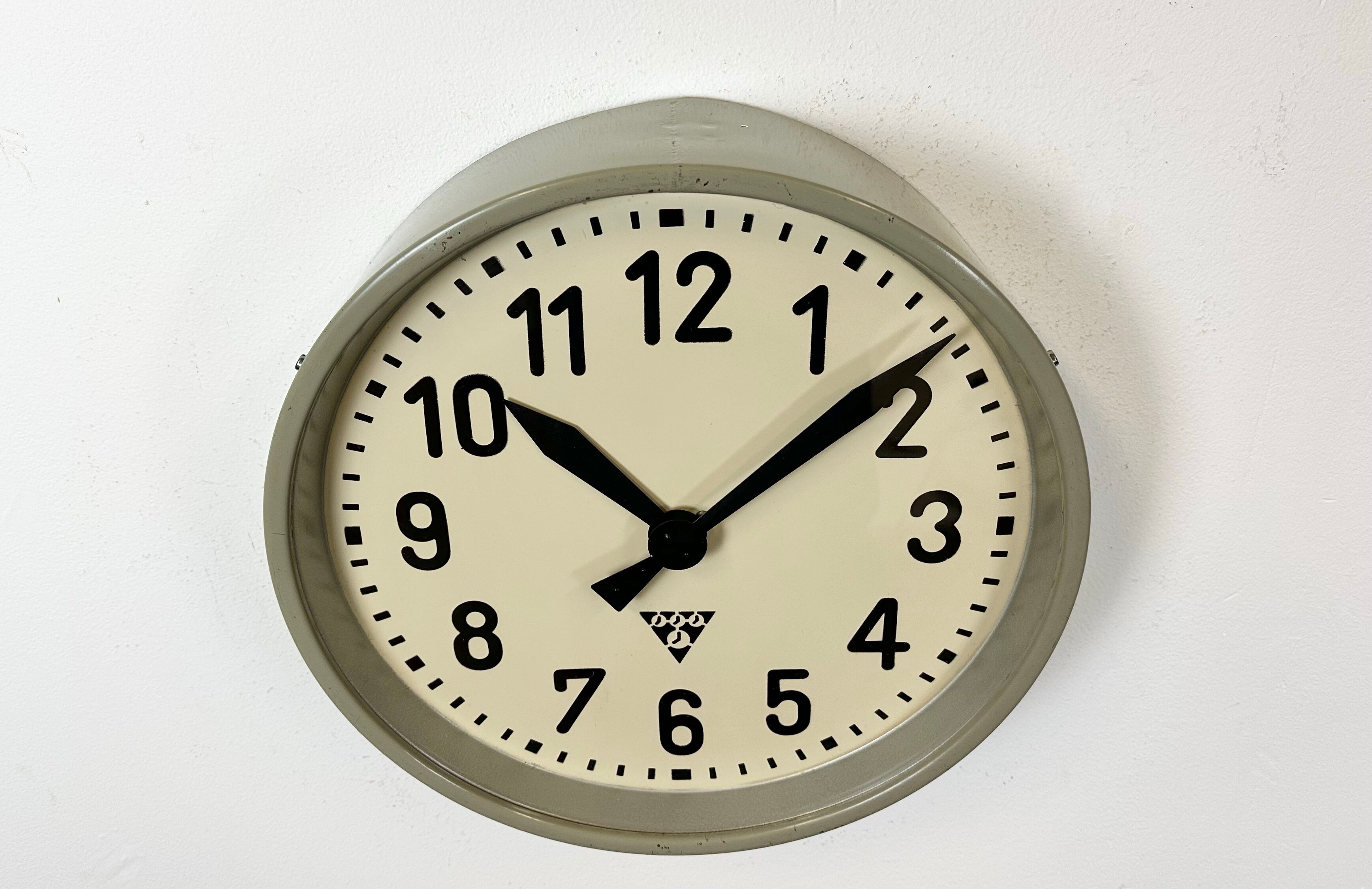 Grey Industrial Factory Wall Clock from Pragotron, 1950s