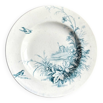 Dinette Gien - Flat iron earthenware plate, "Landscapes" service - "Moulin" motif