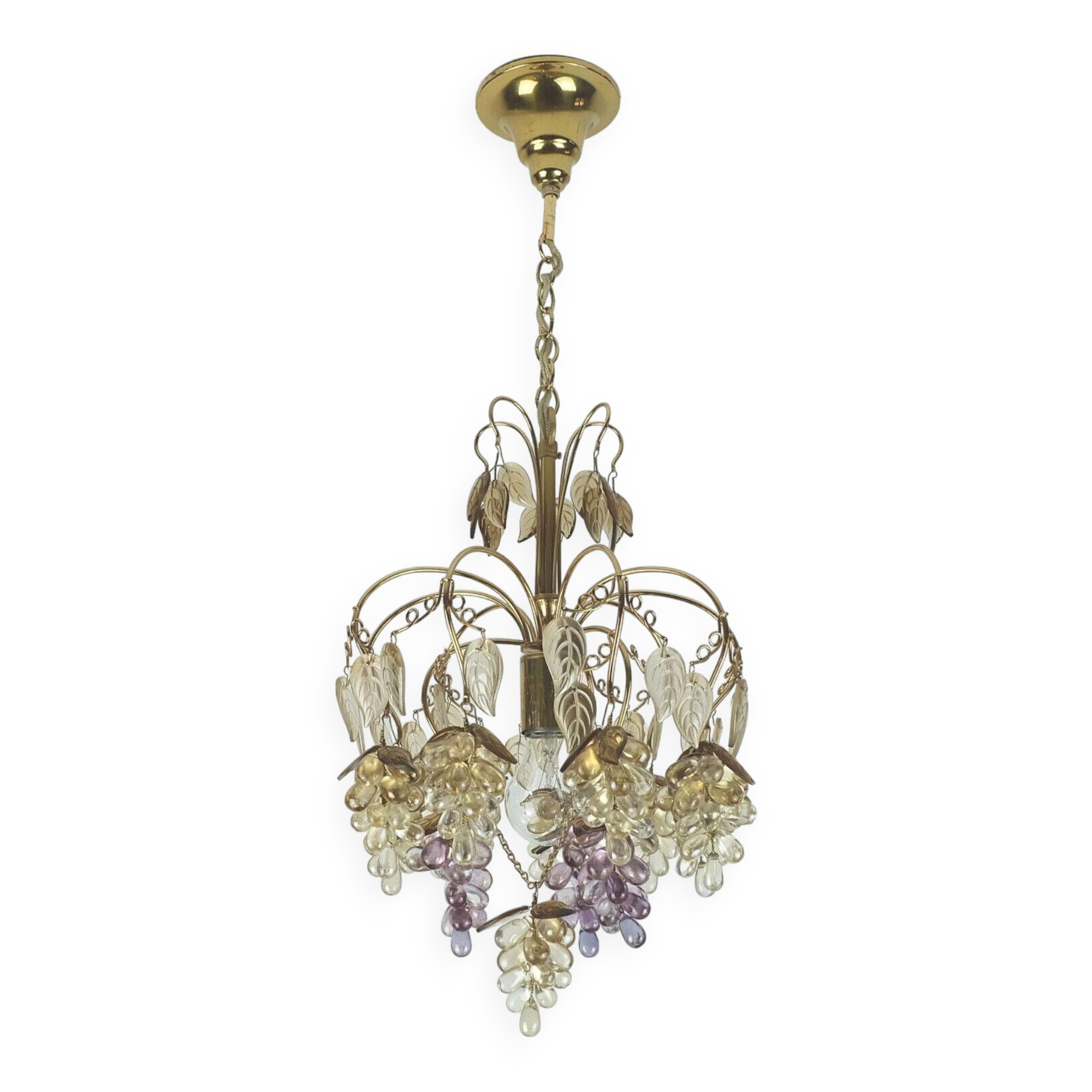 Very rare palwa mid century chandelier 1970s crystal glass and gilt brass grapes and leaves