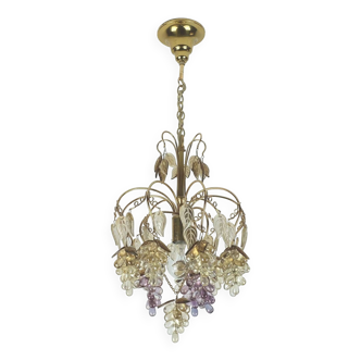 Very rare palwa mid century chandelier 1970s crystal glass and gilt brass grapes and leaves