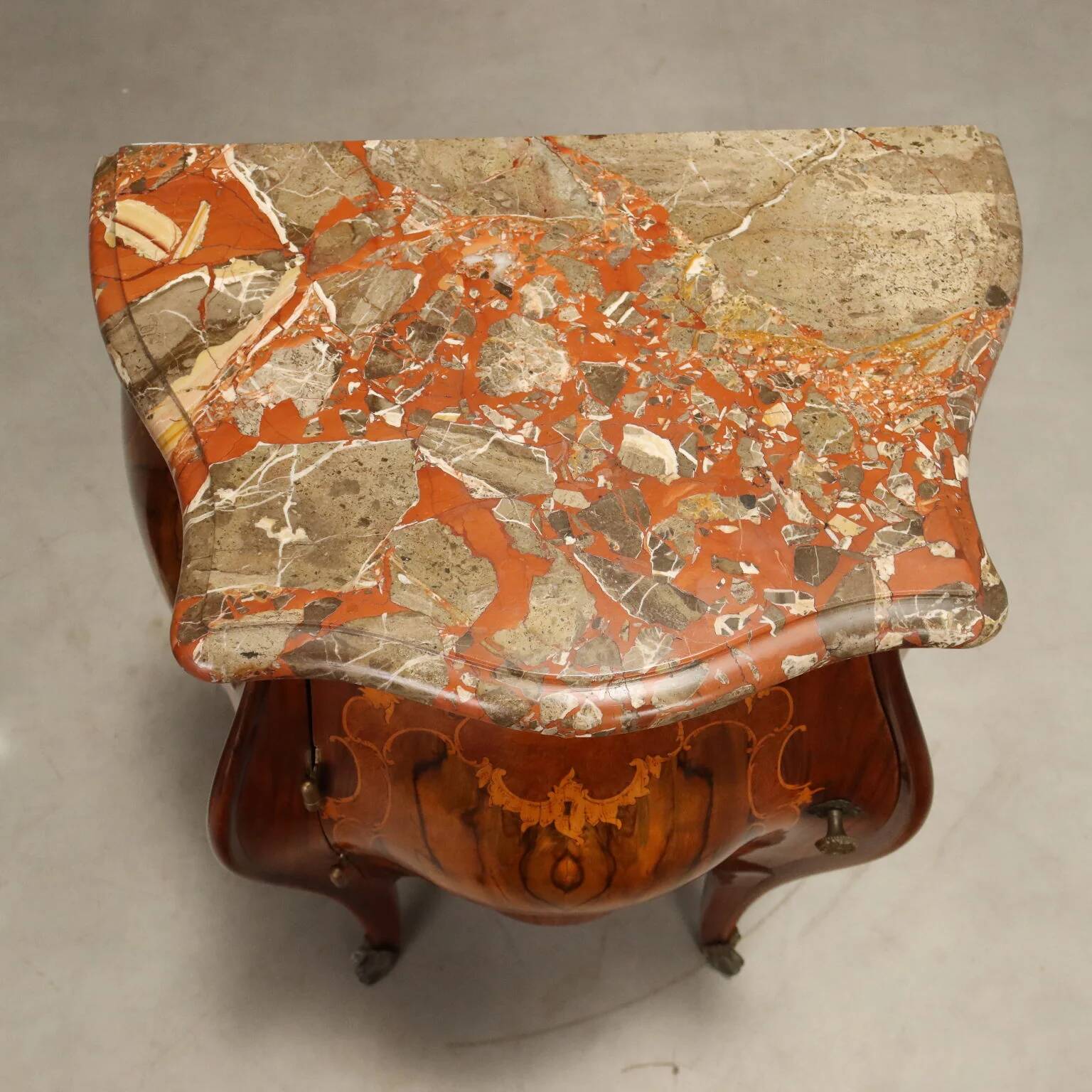 Antique baroque bedside tables in walnut and marble, Italy, 20th century.