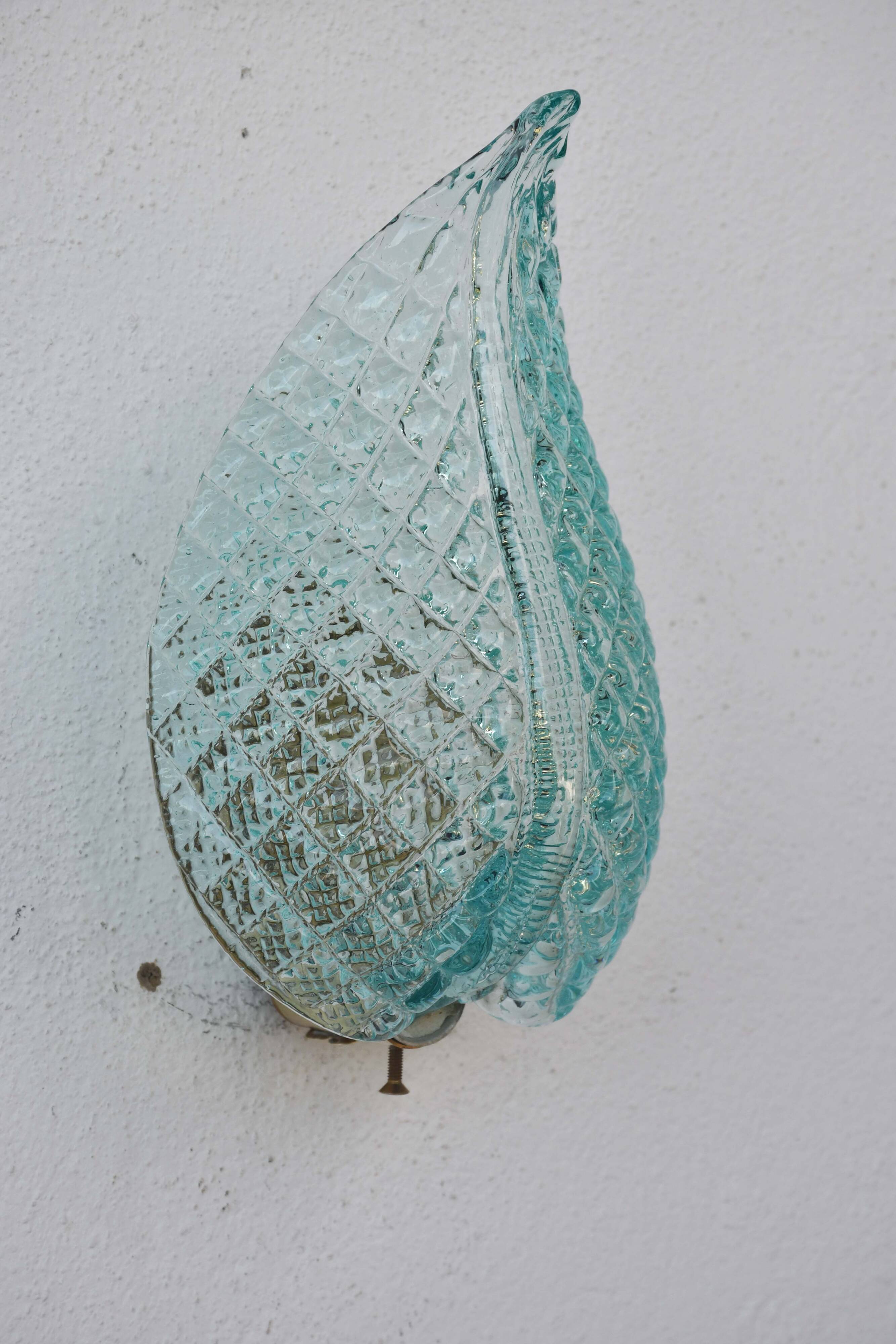 Set of 2 Rare Wall light Blue Jewel Murano Glass Leave by Barovier e Toso, 1950s