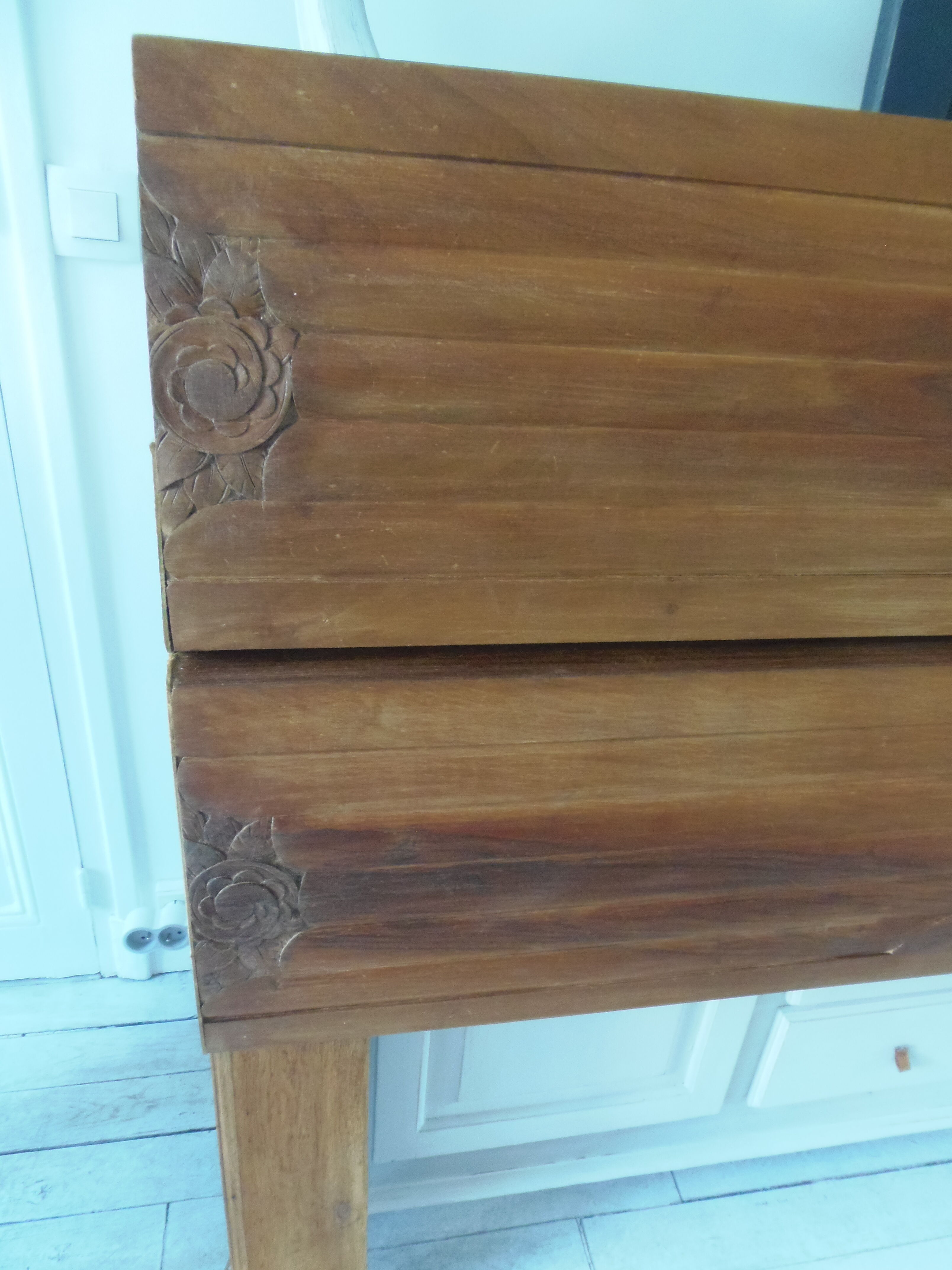 Headboard made with two art nouveau doors in walnut, waxed finish,