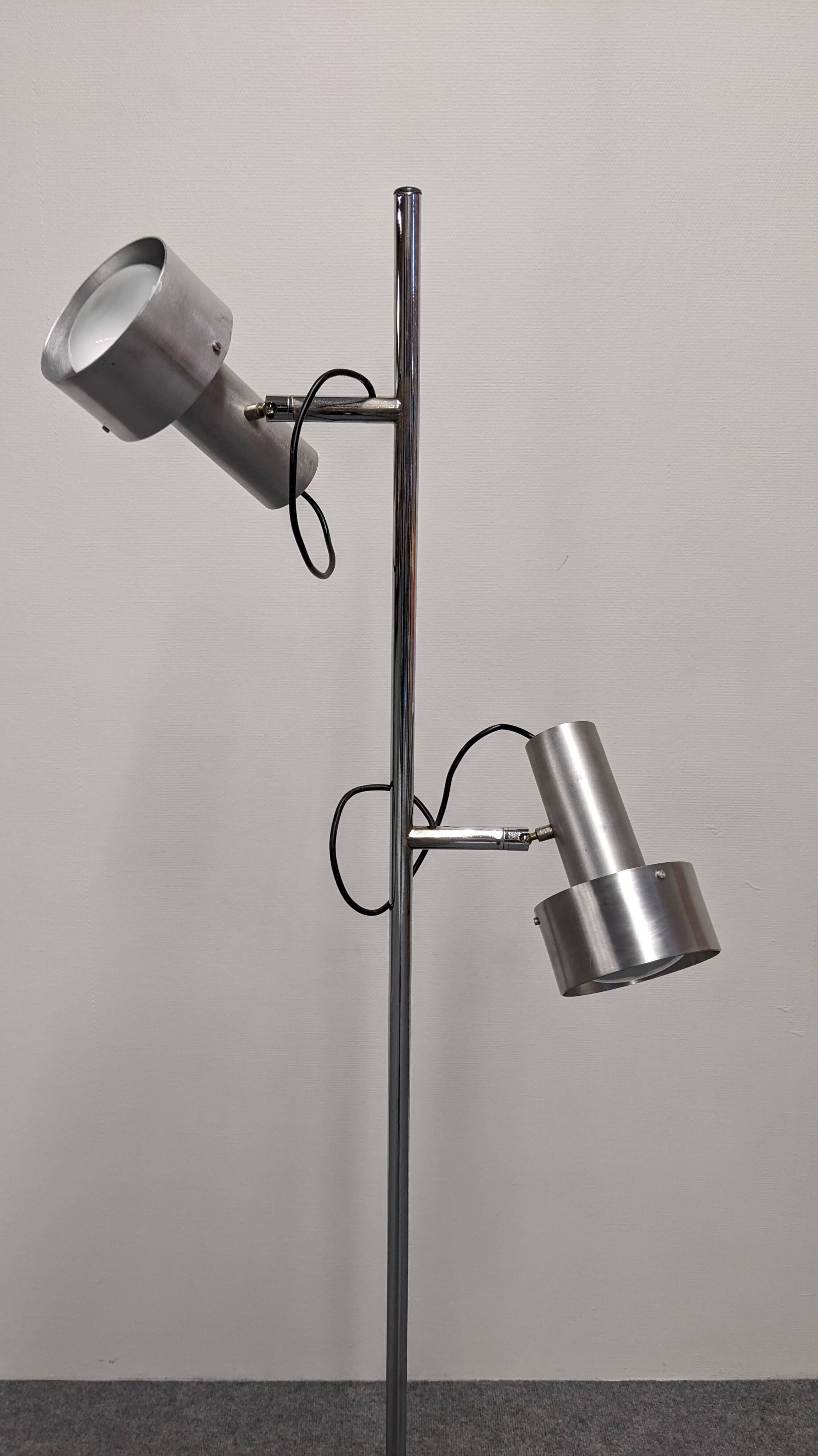 Space age modernist floor lamp with 2 aluminium spots, France circa 1970.
