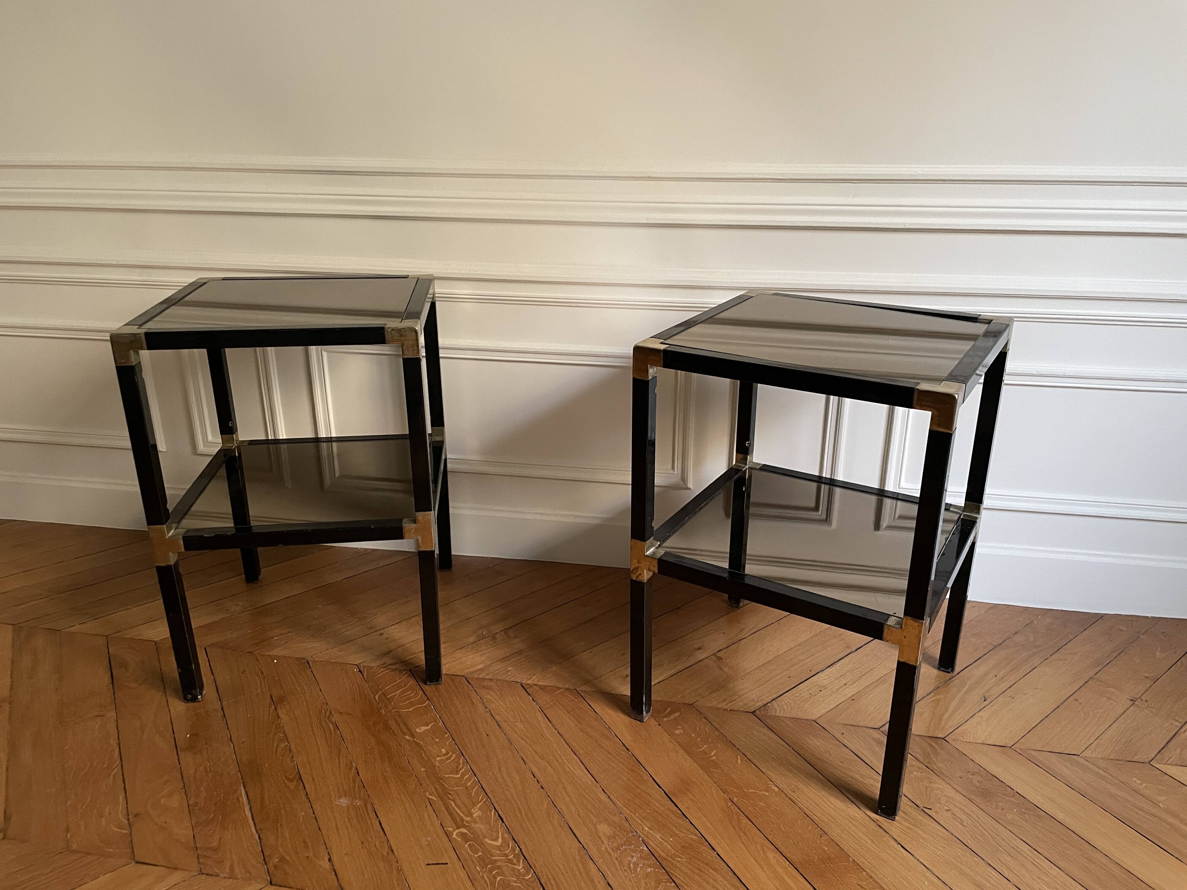 Pair of vintage metal and smoked glass side tables