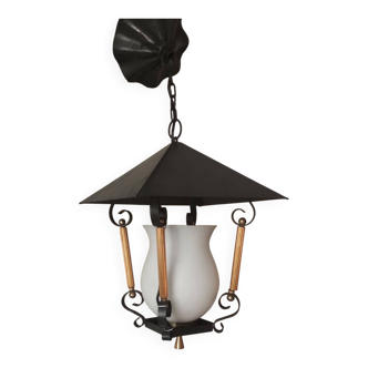 black and gold lantern pendant light with white opaline
