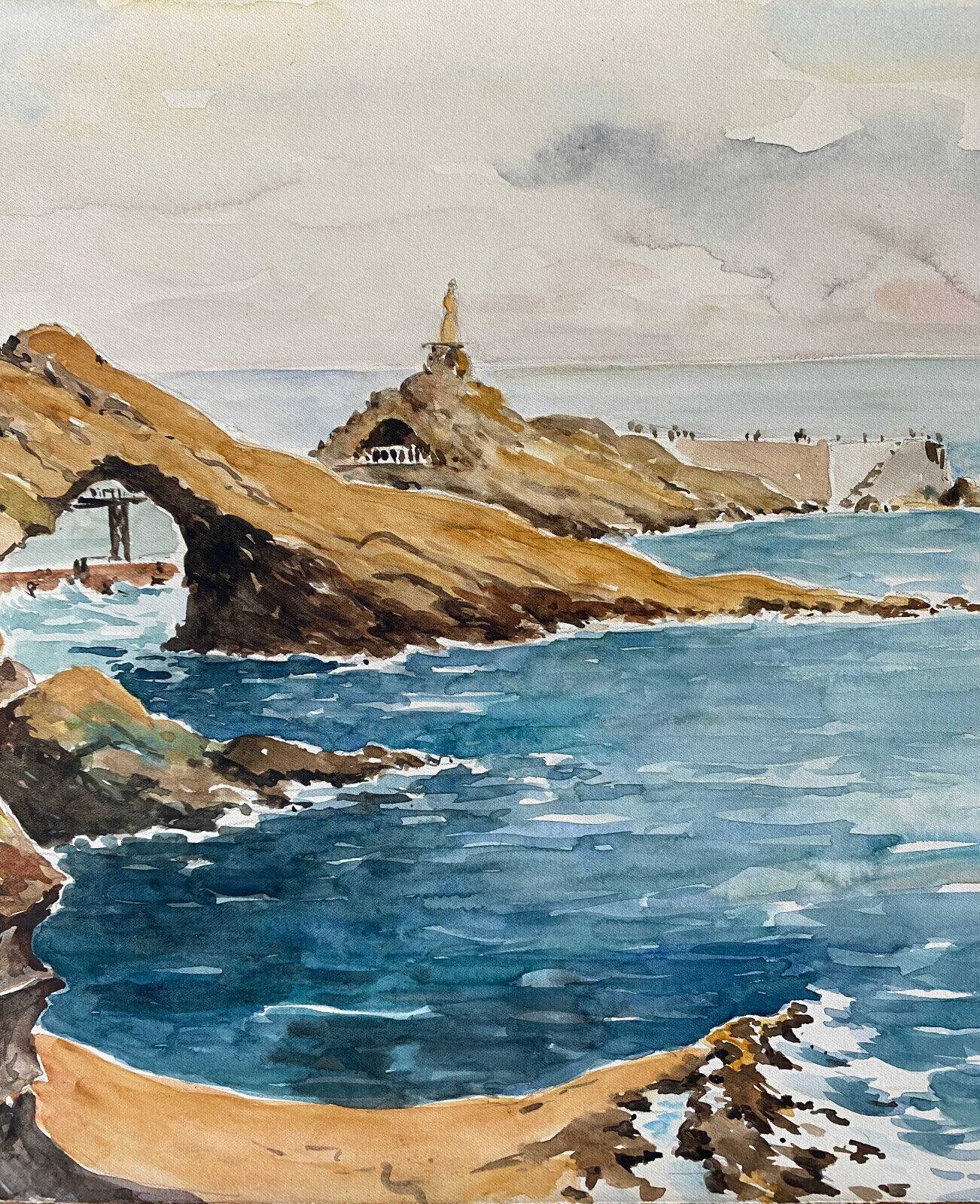 Watercolor Painting Seaside "Rock of the Virgin" Basque Country circa 1950