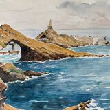 Watercolor Painting Seaside "Rock of the Virgin" Basque Country circa 1950