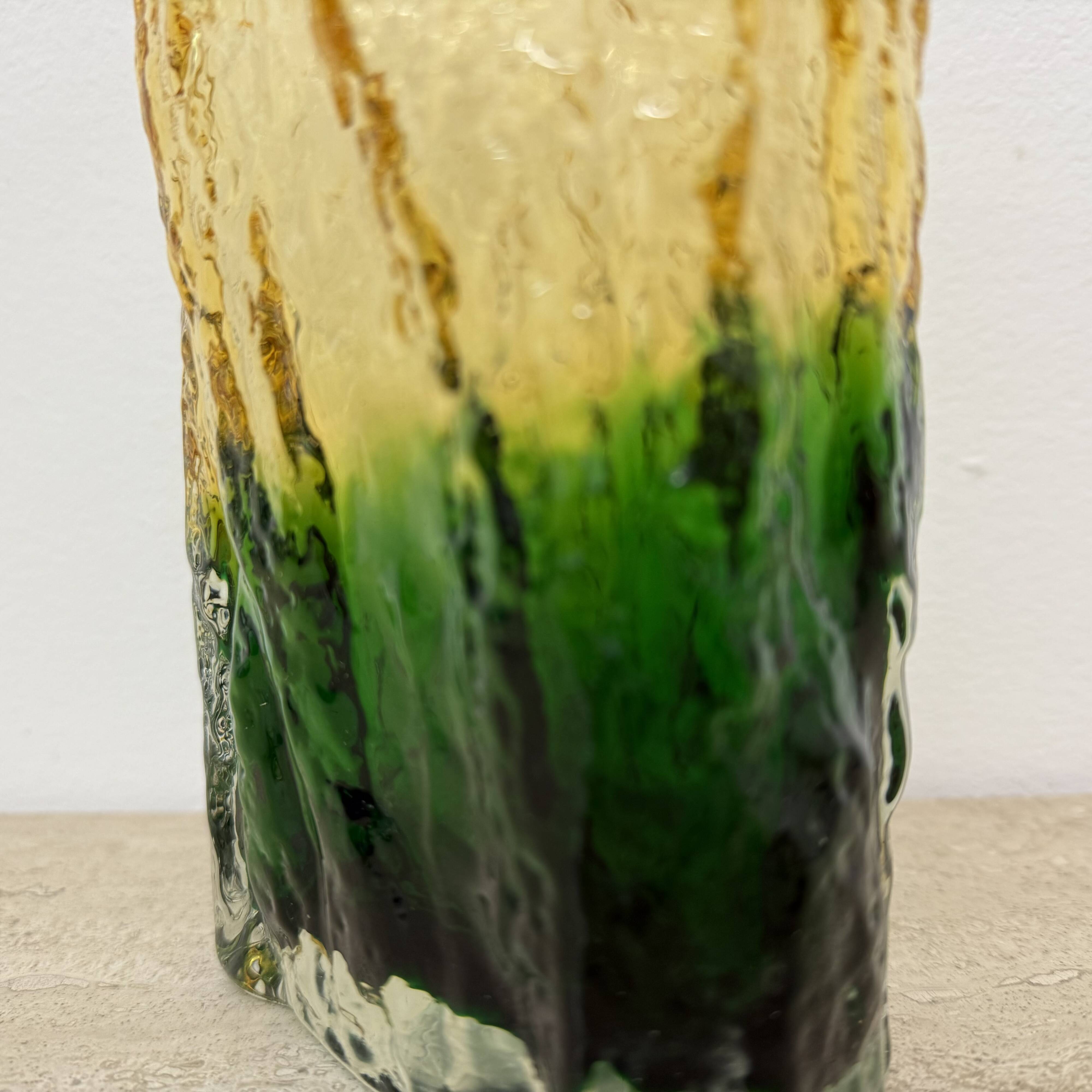 Vintage bark glass vase yellow and green , 1970’s