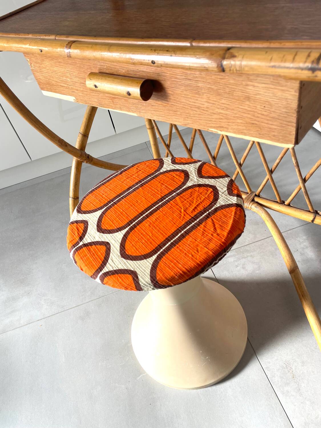 Bamboo and rattan desk and stool