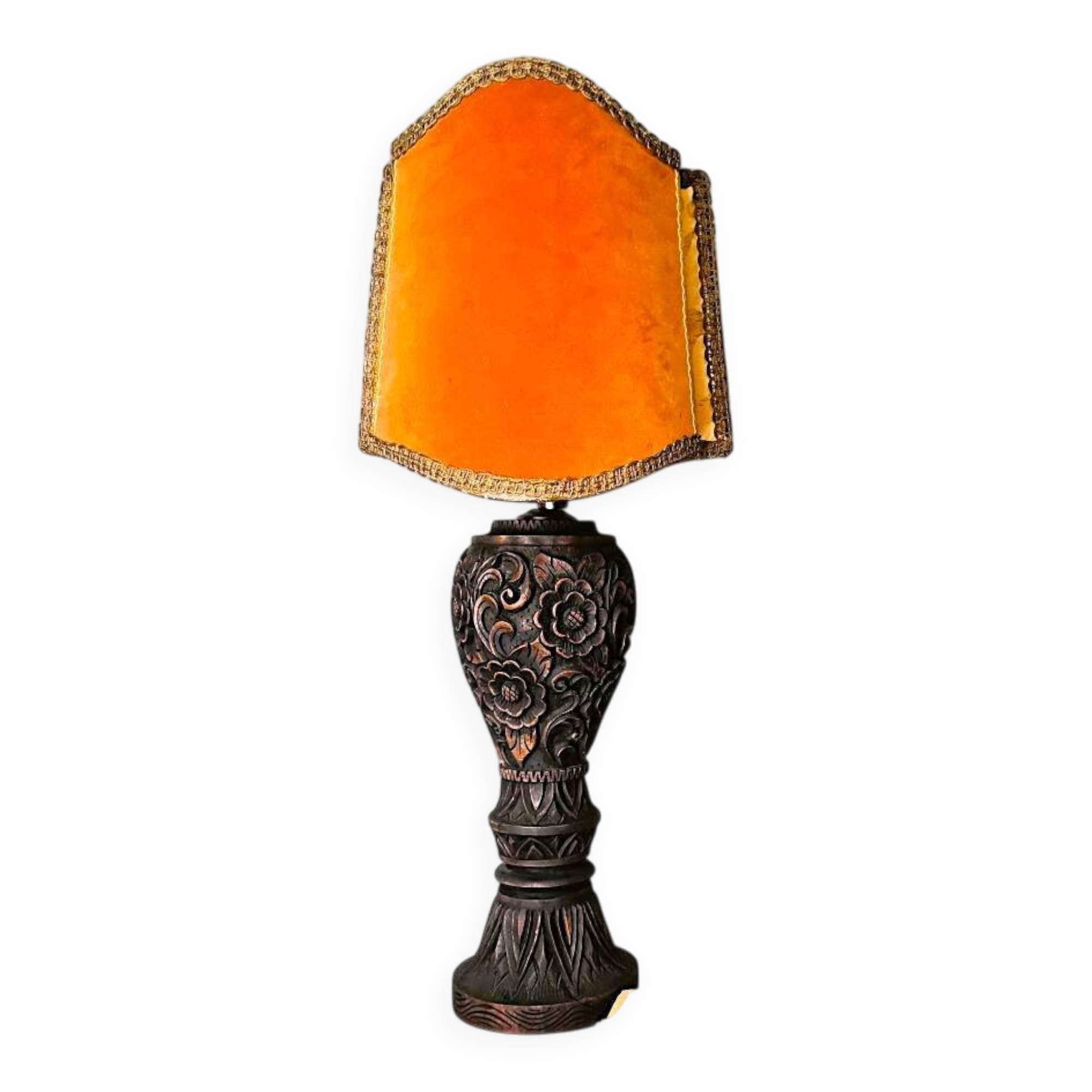 Large Carved Wood Half Shade Table Lamp