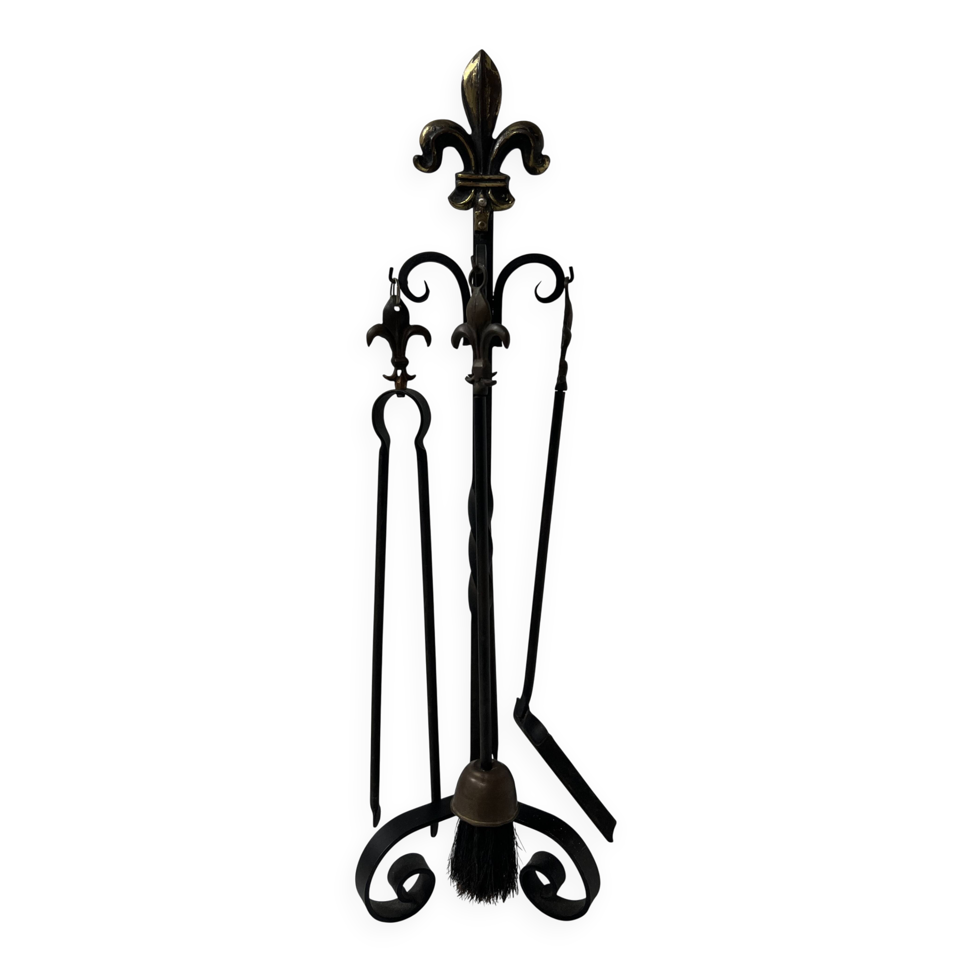 20th century wrought iron and bronze fireplace set