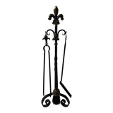 20th century wrought iron and bronze fireplace set