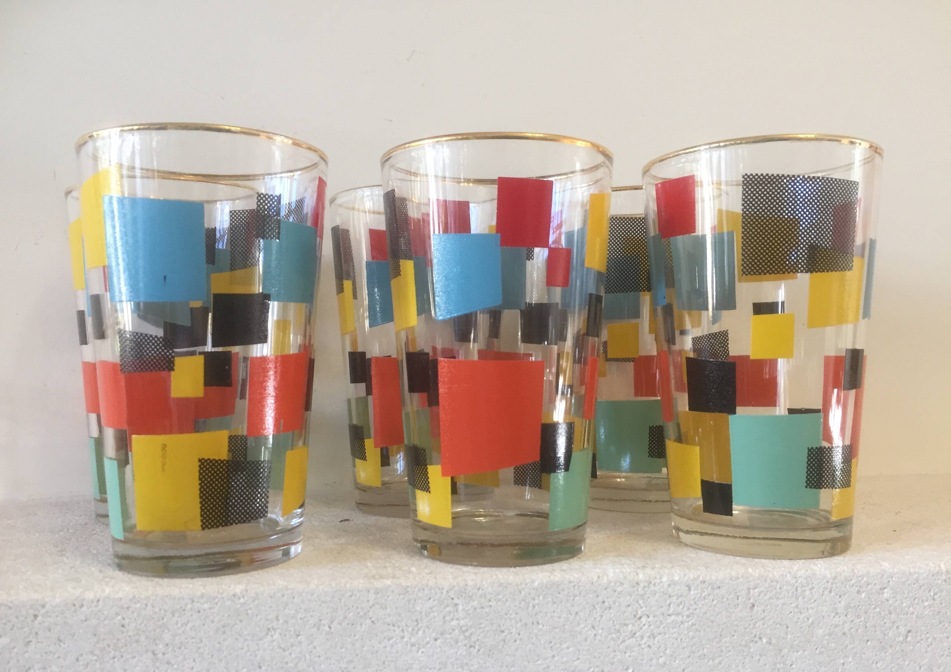 6 orangeade water aperitif glasses + metal support covered with fine gold - vintage
