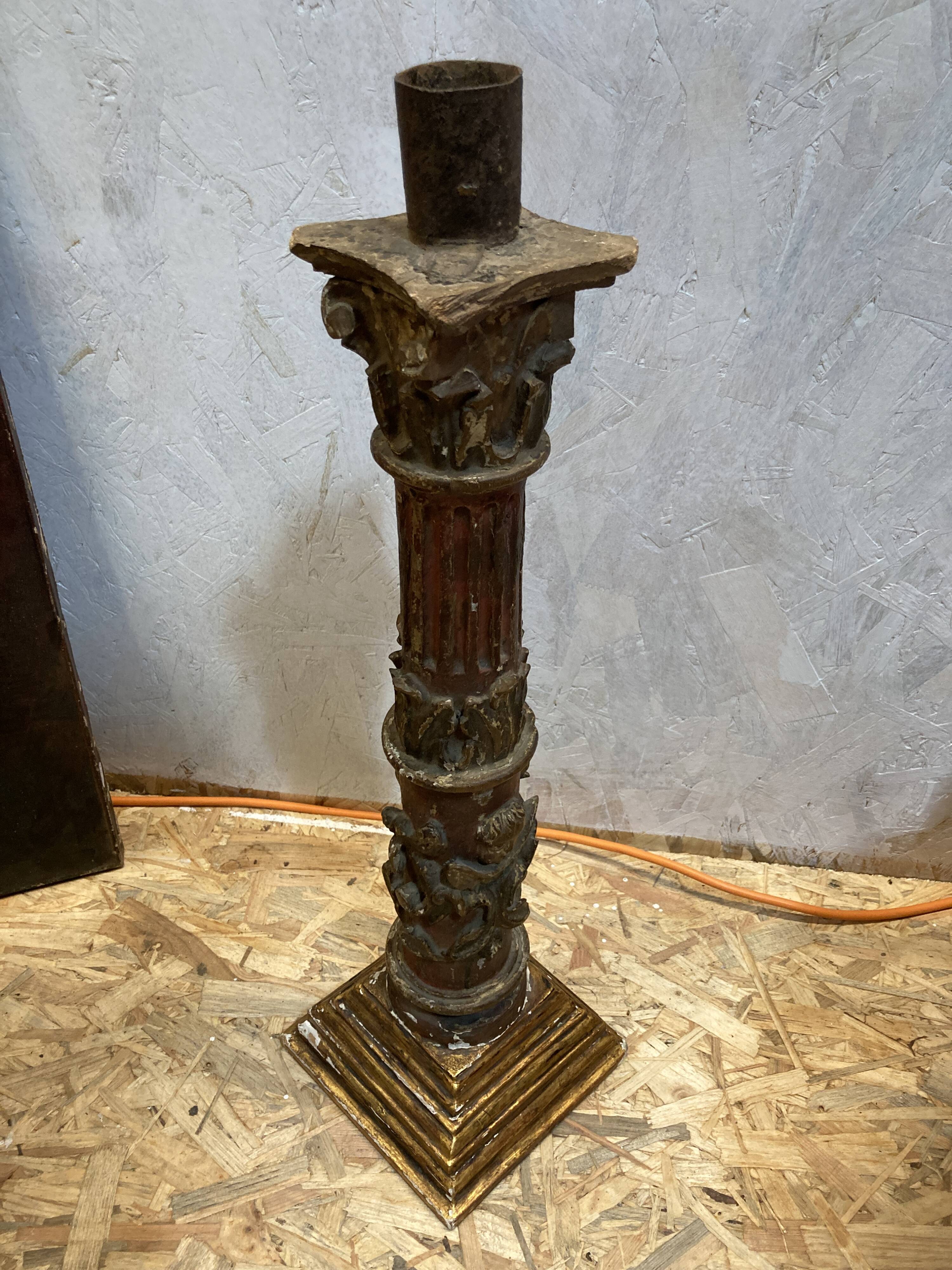Large antique polychrome carved wooden candle holder - 18th century