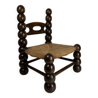 Wood Turned Bobbin Low Rush Chair in the style of Charles Dudouyt, France, 1950s