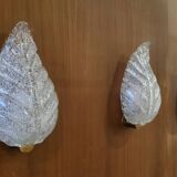 Murano, leaf sconces in worked transparent glass, 1940s