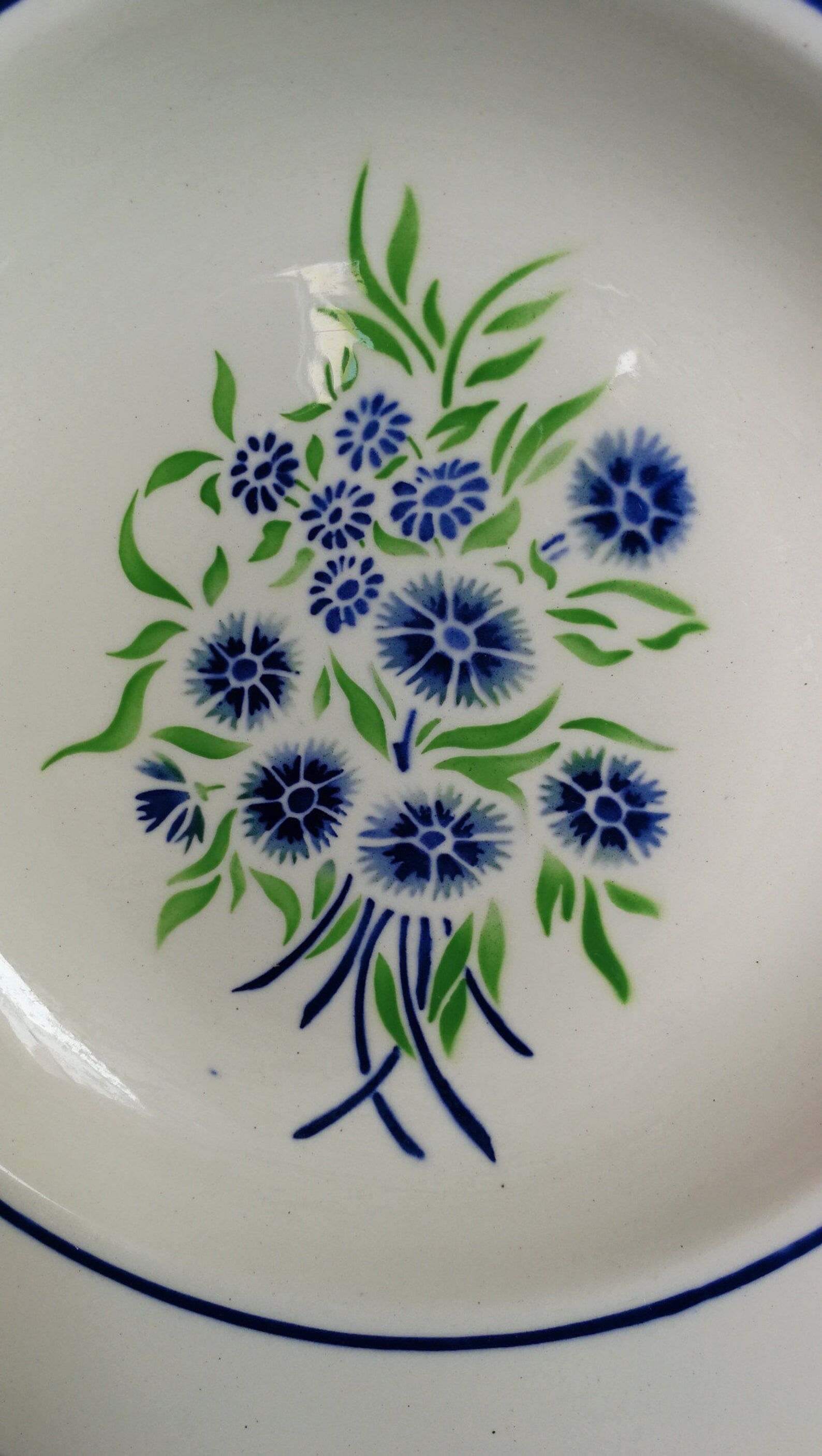 6 old Badonviller organic plates francine blue and green flowers in the stencil