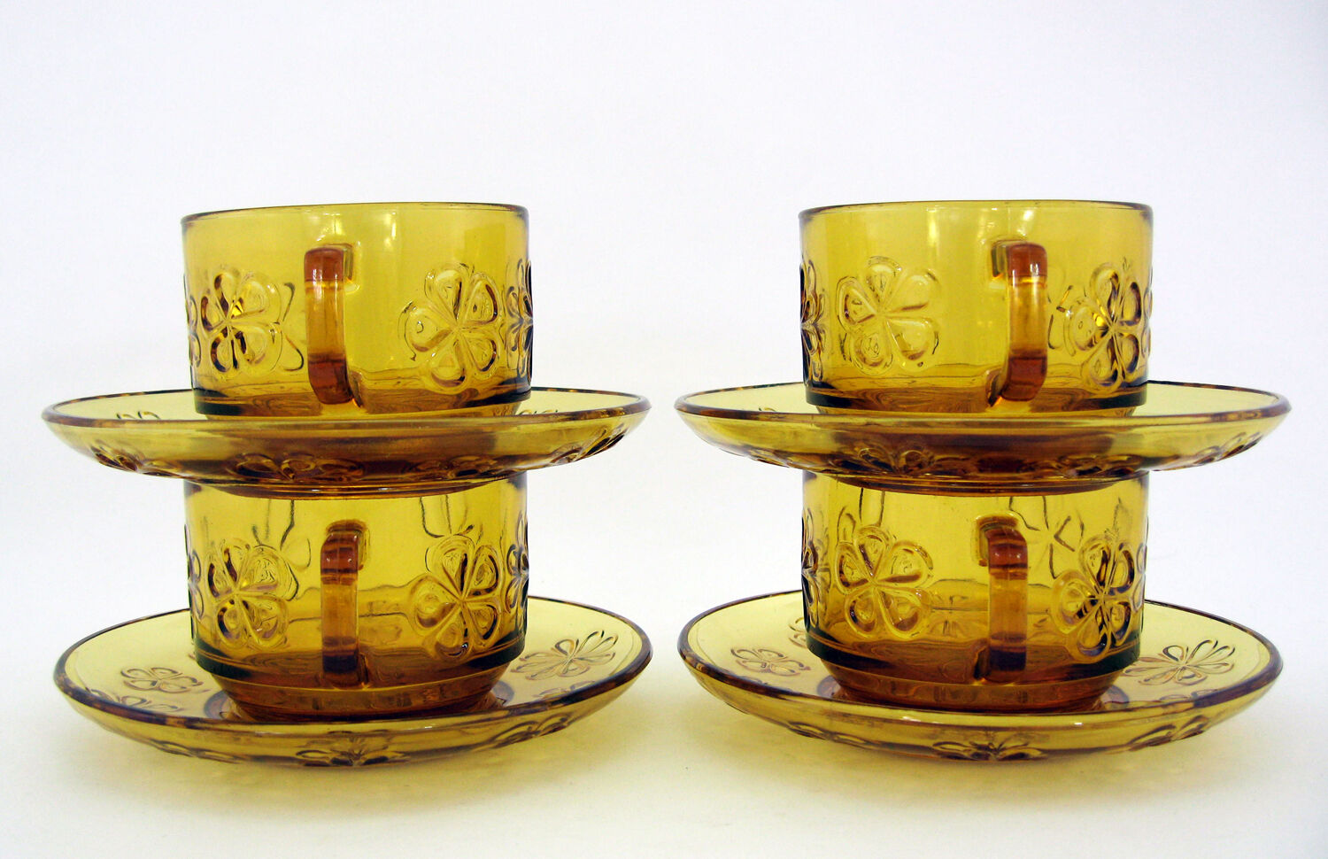4 large amber yellow glass cups, floral décor, Daisy Vereco France, vintage 70s