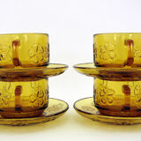 4 large amber yellow glass cups, floral décor, Daisy Vereco France, vintage 70s