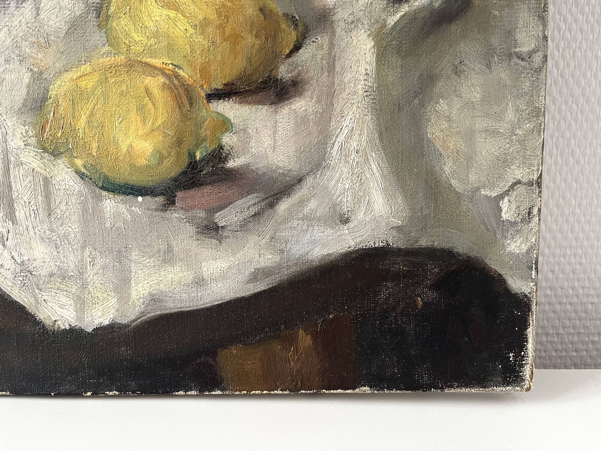 Oil on canvas still life with fish from the 1920s, antique painting.