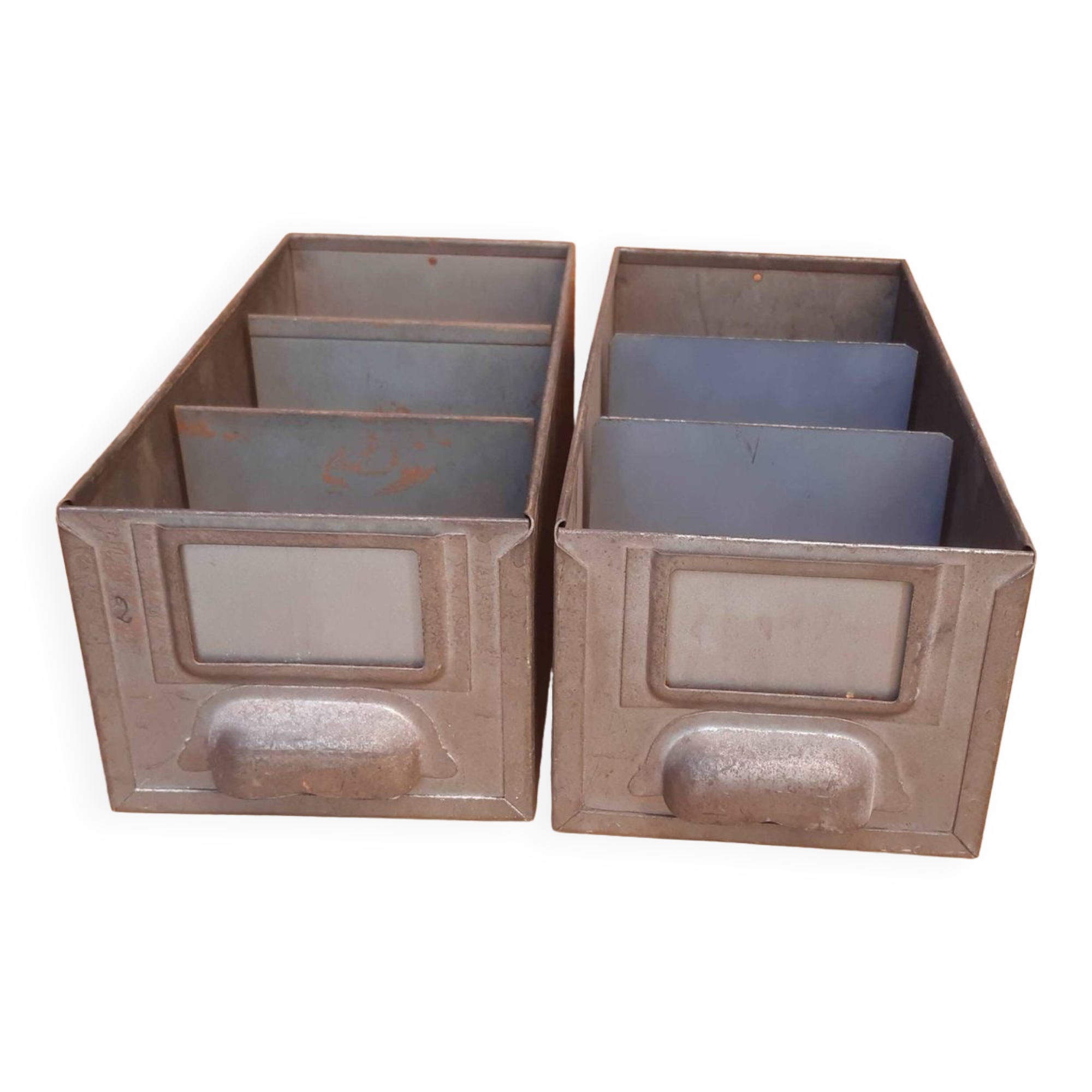 Set of two gray industrial lockers with dividers