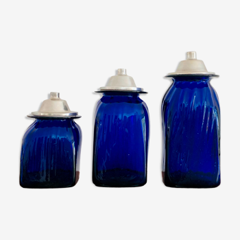 3 cobalt blue blown glass apothecary jars and aluminium lids, Italy