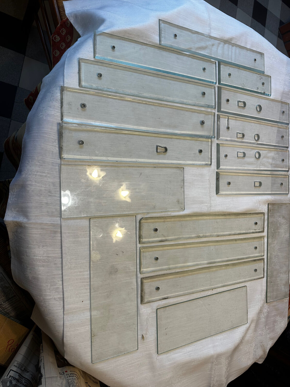 11 bevelled glass cleanliness plaques + 4 Art Deco glass plaques