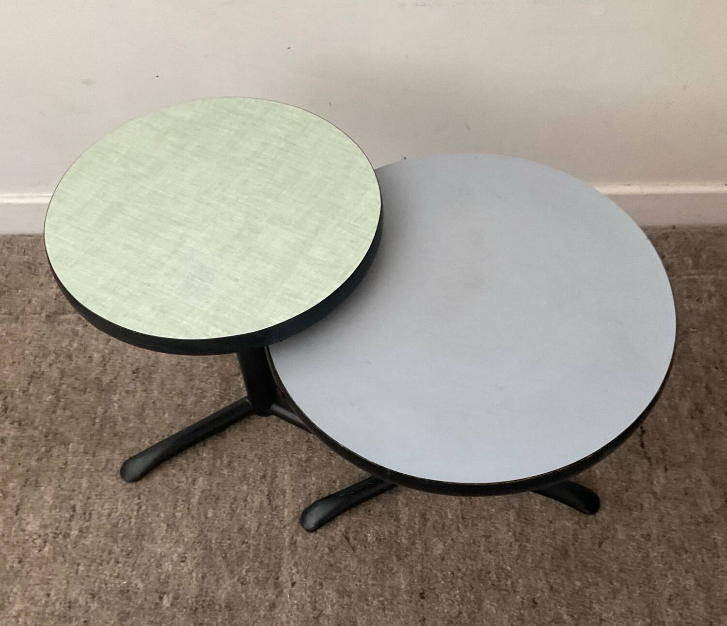 Pair of vintage metal and Formica pedestal tables