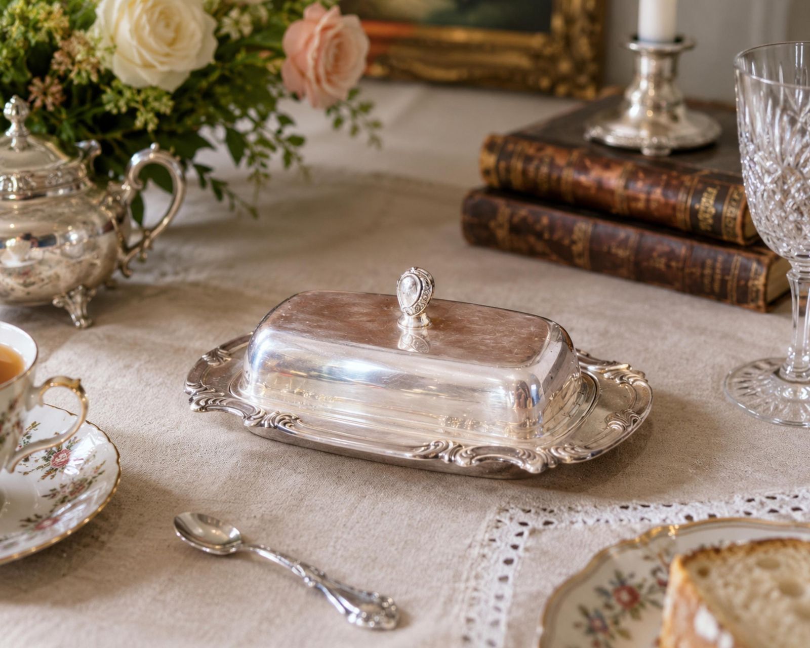 Antique Silver Butter Dish With Crystal Liner & Spoon, Elegant Vintage Tableware