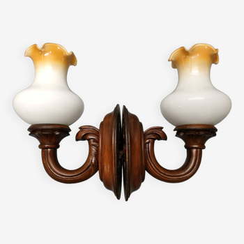 Pair of art-deco wall lights ~ tinted opaline glass ~ carved wood ~ France ~ 40's