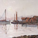 Mid-Century Modern Swedish "Coastal Sunset" Vintage Seascape Oil Painting, Framed