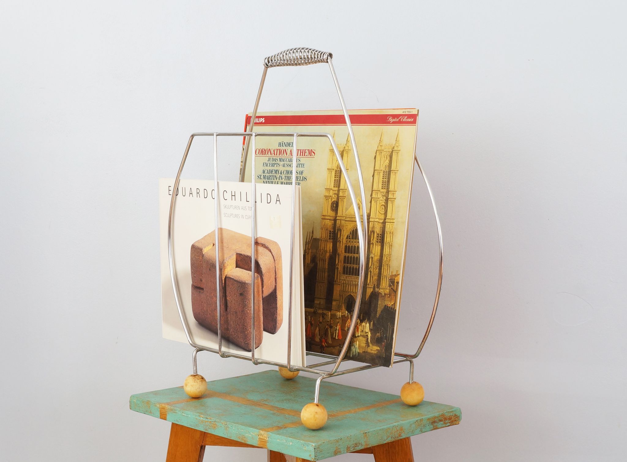 Review door in chrome metal and wood, vintage 60s