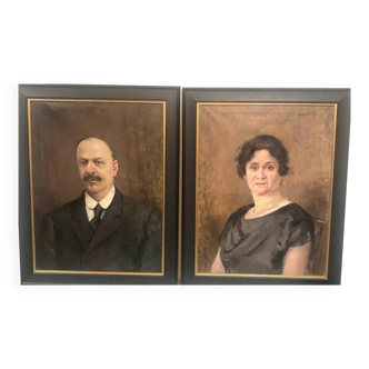 Old oil portraits signed and dated Eugène Bertrand 19th, 20th