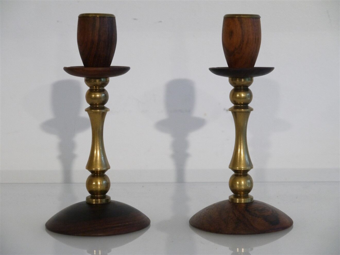Pair of Danish candle holders in brass and rosewood 1960